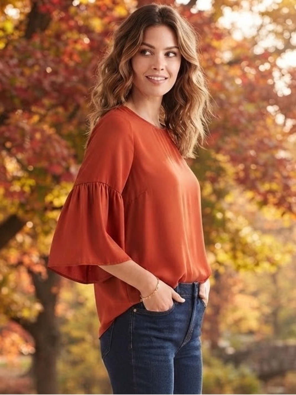 LOFT Outlet Mixed-Media Rust / Burnt Orange Tiered Bell Sleeve Keyhole Back Top
